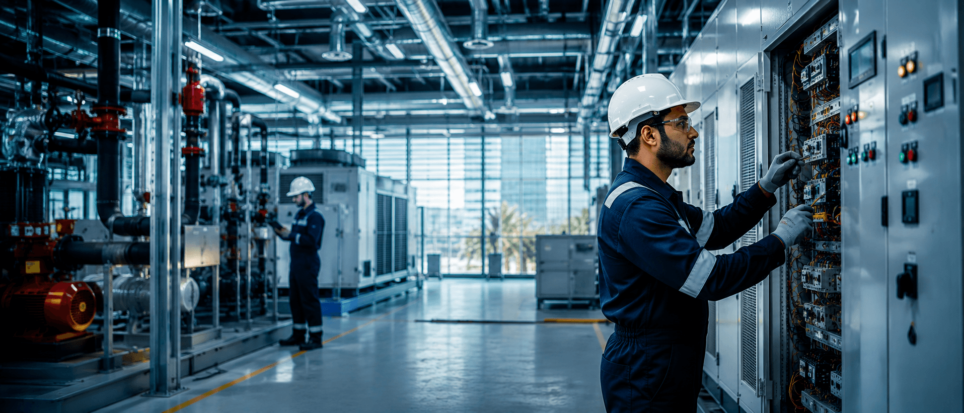 Hard services — technicians maintaining electrical and HVAC systems